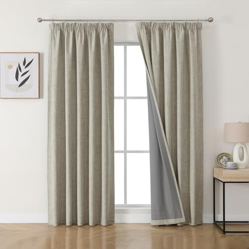 Joydeco 100% Blackout Curtains Bedroom 52 x 84 Inch Drop, Faux Linen Pencil Pleat Thermal Insulated Drapes with Coating Back Layers for Room Darkening Privacy Protection, 2 Panels, Linen Colour