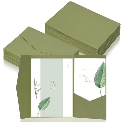 50 tarjetas de bolsillo plegables, sobres verdes, color verde salvia, tarjetas de invitación para bodas, agradecimientos, tarjetas de boda, invitaciones de cumpleaños