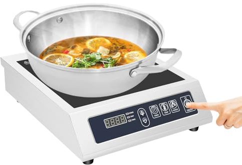 HuKaiL Cocina de inducción individual, placa de inducción de 3500 W, 1 placa con 13 potencias, diámetro interior de 300 mm, junta de aceite de inducción de panel de cristal+acero inoxidable con