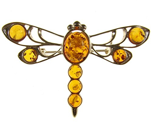 Baltic amber and sterling silver 925 cognac dragonfly brooch pin