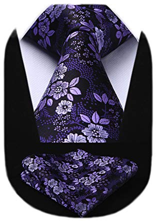 HISDERN Men Purple Floral Ties Woven Silk Necktie Pocket Suqare Set Classic Formal Wedding Business Tie for Men with Handkerchief