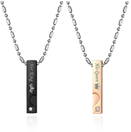 JewelryWe, 2 collane dell’amicizia in acciaio inox con zirconi, ciondolo per partner, con ciondolo a forma di cuore, per coppia, colore: His Queen Her King., cod. JW176P0020