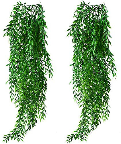 KingYH 2 Stück Künstliche Hängende Pflanzen Weidenblätter Plastikpflanzen Künstlich Efeugirlande für Draussen Innen Äußer Balkon Wand Topf Hochzeit Garten Deko