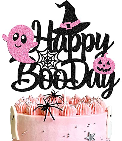 Happy Boo Day Cake Topper Pink and Black Halloween Cake Decoration Halloween Ghost Witches Bat Spider Pumpkin Theme for Kids Girl Birthday Baby Shower Party Supplies