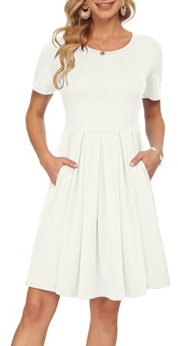 AUSELILY Women's Short Sleeve Pleated Loose Swing Casual Dress with Pockets Knee Length White XL