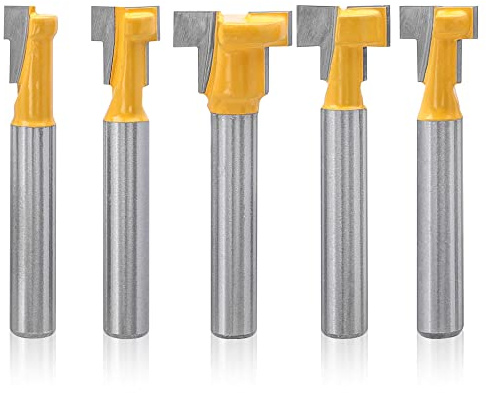 Mesee 5 Pieces T-Slot Router Bit Set, 1/4 Inch Shank T Slotting Keyhole Router Bits Woodworking T-Track Grooving Milling Cutter Tool for 5/16, 3/8, 1/2, 7/16, 5/8 Hex Bolts