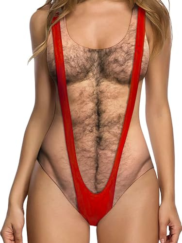 uideazone Women Funny Chest Muscle Print Deep V One Piece Hippie Swimsuit