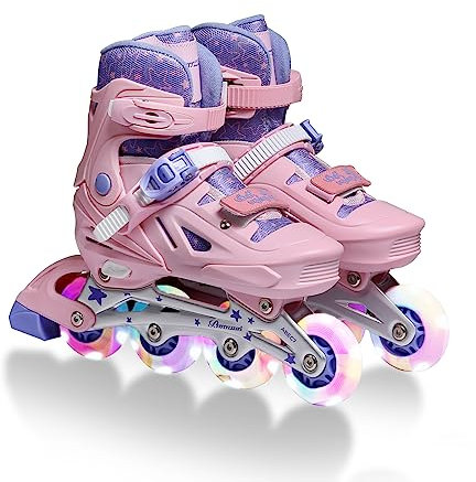 OLYSPM Inliner Kinder Rosa-Violett,Inlineskates Kinder 4 Verstellbar mit 8 Leuchtenden LED Rädern,Geschenke zu Weihnachten Geburtstag für Anfänger,Erwachsener