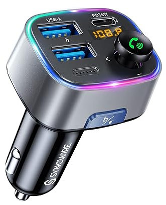 Syncwire FM Transmitter Auto Bluetooth 5.4 48W (PD 36W & 12W) Bluetooth Adapter Auto mit [Lichtschalter] [HiFi-Bass-Sound] [Schnellladen] Freisprecheinrichtung Autoladegerät Zigarettenanzünder