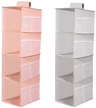 DQZSY Pack of 2 Hanging Shelves Wardrobe, 4 Compartments Hanging Organiser Cupboard, with 12 Mesh Side Pockets for Family Cupboard, Bedroom, Foldable and Universal Fit (Grey & Pink)