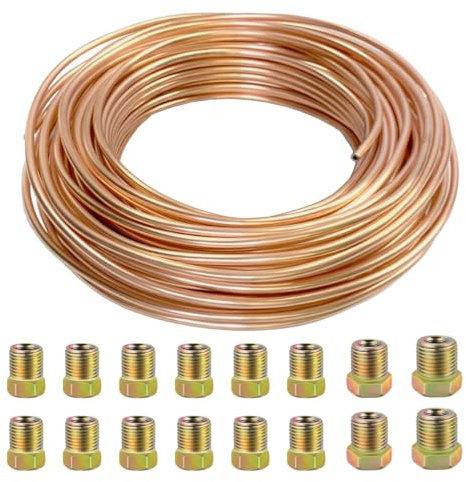 MOCNT 10m Auto Kupfer Bremsleitung 1/4 Zoll Bremsleitung mit Kupferbeschichtung 6,35mm Kupfer Bremsleitungs Schlauch Bremsrohr Auto Ersatz Bremsleitungssatz mit 16 Muttern
