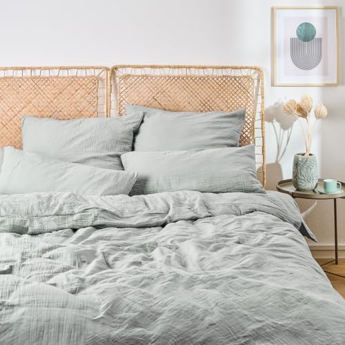 Blumtal Ropa de Cama Muselina 200x220 cm - Certificado OEKO-TEX - Algodón Transpirable - Funda Nórdica + 2 Funda de Almohada 40x80 - Azul