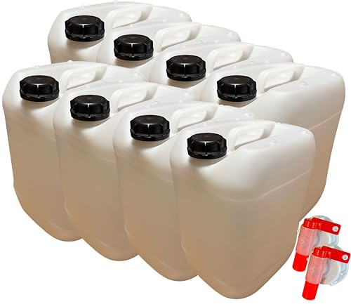 American Style - Lot de 8 Bidons Plastique 20 L litres avec Bouchon et 2 Robinets Verseurs - Résistant pour Liquides Alimentaires et Chimiques Poignée Ergonomique, Empilable, Réutilisable - Jerrican