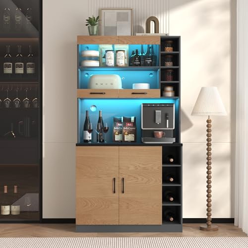SUKY Armario de cocina, 100 x 47 x 187 cm, buffet con iluminación LED ambiental y agujeros para cables, gran espacio para microondas, independiente, estantes laterales ajustables en altura (Nature)