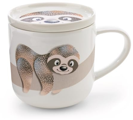Tasse mit Deckel Faultier Izzy Icetumbler 400ml 9,5x9cm Porzellan mit Banderole - beige - Teetasse Kaffee-Tasse Porzellantasse Henkeltasse NICI Tasse Mug mit Henkel für Kalt- und Heißgetränke | 62463