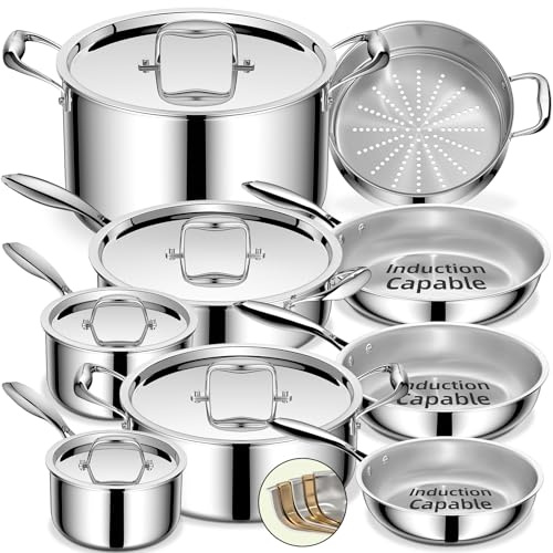 Umite Chef Stainless Steel Cookware Set, 5 Ply 14 Piece Stainless Steel Pot and Pan Set-Induction, Heavy Chef Quality, Oven Safe | Professional Kitchen Cooking Appliances, PFOA, PTFE & PFOS Free