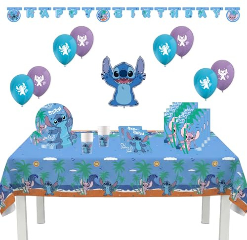 Procos - Décoration d'anniversaire Stitch, set de 55 pièces, contient 8 assiettes en carton, 8 gobelets en carton, 20 serviettes, nappe, guirlande, 8 ballons, un ballon en plastique, 8 sacs de fête