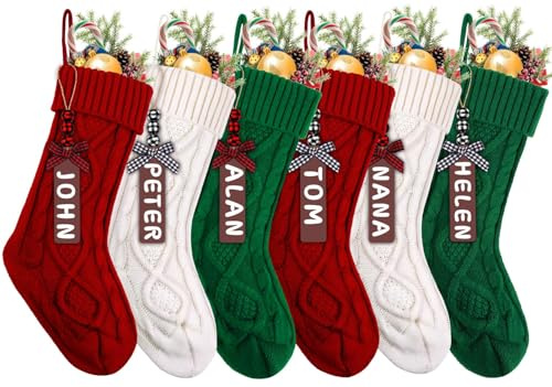 JOLCEEY 6pcs Christmas Stockings, 18 Inch Large Knit Christmas Stockings Personalized Xmas Hanging Stocking Decorations with Name Tags for Christmas Fireplace Tree Decorations