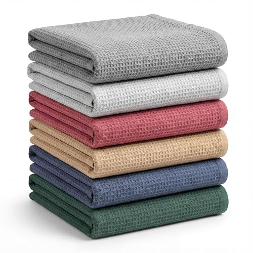 BOSKIMO Torchons Cuisine Coton Premium – Lot de 6 Chiffons Cuisine Microfibre et Éponge, Chiffons Coton Absorbants, Torchons Vaisselle