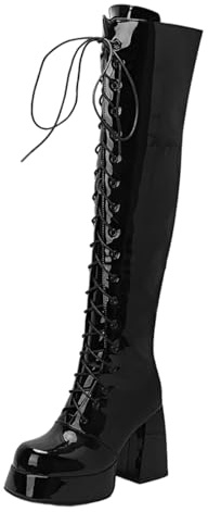 Botas Altas De Charol Para Mujer, Tacón De Bloque Con Cremallera Lateral Botas Hasta La Rodilla Talla Grande Cabeza Cuadrada Caña Larga Tacón Medio Botas Caballero Para Exteriores,Negro,39 EU