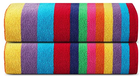 SweetNeedle Beach Towels for Adults Pack of 2 - Miami Vibe Multi Cabana Stripe Classic - 100% Cotton Terry Ringspun Pool Towel, Quick Dry, Super Absorbent Swimming large towel, 100x150 cm