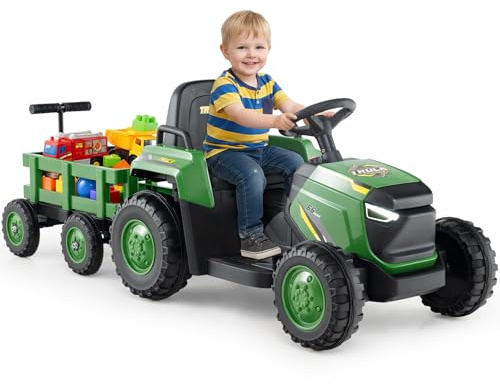 GOPLUS 12V Kinder Elektrischer Traktor mit Anhänger, Elektro Traktor mit 2,4G Fernbedienung, Elektrofahrzeug mit LED-Licht, Musik & Hupe & Bluetooth, Elektroauto für Kinder von 3-8 Jahren (Dunkelgrün)
