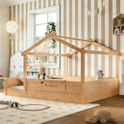 Bellemave Queen Size Floor House Bed with Door and Guardrails, Kids House Beds with Tray and Free-Installed Signboard, Queen Platform Bed Frame for Girls Boys, Natural