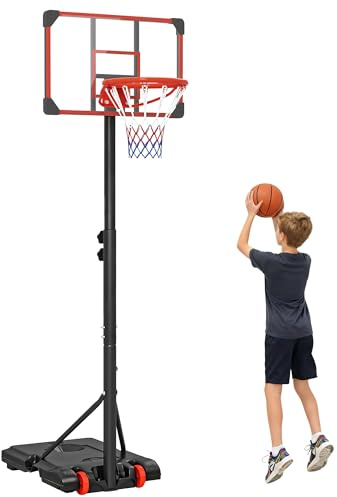 SPORTNOW Canasta de Baloncesto Exterior, Altura Ajustable 178-208 cm, Canasta de Baloncesto Portátil con Tablero Irrompible, Ruedas y Base Rellenable con Ranura, para Adolescentes y Adultos, Rojo