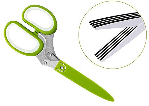Pssopp Tijeras para Hierbas, Tijeras de Cocina de Acero Inoxidable de 5 Hojas con Protector para Dedos y Cubierta, Cortador de Hierbas Multiusos para Picar Fideos, Verduras, para Cocineros Caseros