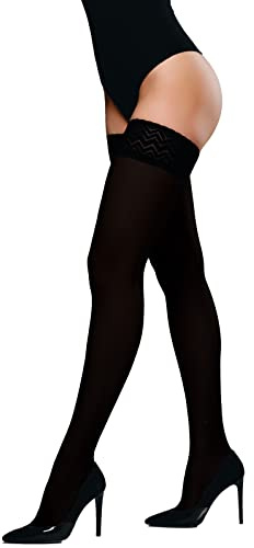 JUST BEAUTY TOUCH Blickdichte Halterlose Strümpfe für Damen – 60 Denier mit Silikon-Spitzenband, Weiches Mikrofaser, Bequem & Stilvoll (XL/XXL, Schwarz)