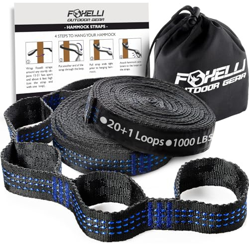 Foxelli Hammock Straps XL - Camping Hammock Tree Straps Set with Carabiners & Bag, 2000 LBS No-Stretch Heavy Duty Straps for Hammock, 40 + 2 Loops, Adjustable, Lightweight, Portable & Easy to Set Up