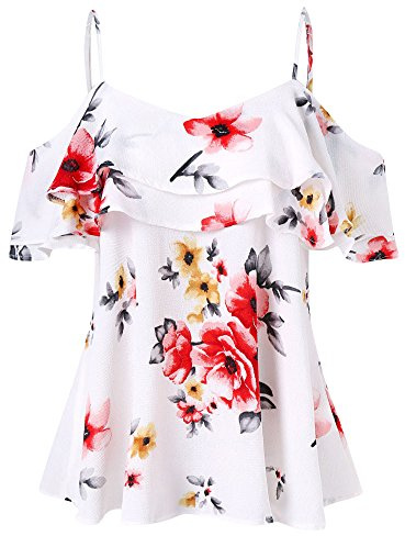 Lazzboy Cami Top Women Chiffon Cold Shoulder Floral Flower Print Straps Camisole Size 8-16 Vest Tank Ladies Loose Blouse(L(12),White)