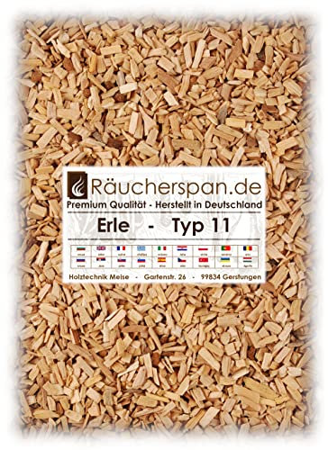 Copeaux de fumage en bois d'aulne de type 11, copeaux grossiers Taille des copeaux : 46 mm Fumée aromatique pour une utilisation dans le fumoir, sur le barbecue, dans la boîte de fumage et le