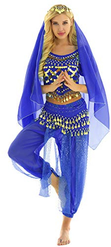 YiZYiF Dam magdans kostym myntpärlor magdans topp haremsbyxor huvudduk höftduk indisk danskläder karneval maskerad, Kungsblå, one size