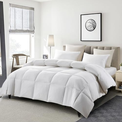 Serta Goose Feather Down Fiber Cotton Comforter King Size - 100% Cotton Duvet Insert - Hotel Luxury Hypoallergenic Bedding Comforter All Season Medium Warmth 106 x 90 Inch White