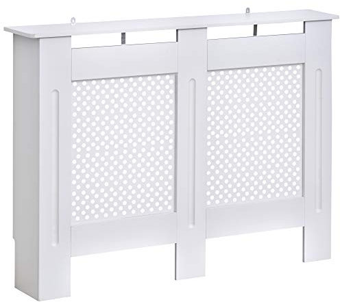 HOMCOM Cubre Radiadores, 111.5x19x82 cm, Cubierta para Radiador Moderna de MDF, con Estante Superior y Listones, para Salón, Dormitorio, Pasillo, Blanco