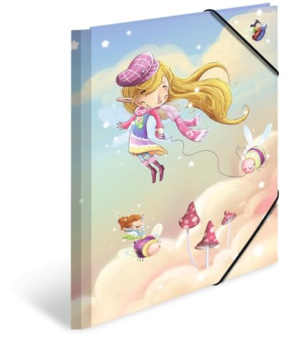 HERMA 19823 A4 Kindergarten Fairy Dance Collector's Folders, Pack of 3, Children's Cardboard Corner Folder with Inner Print and Elastic Band, Sturdy Cardboard Folders Set for Boys and Girls