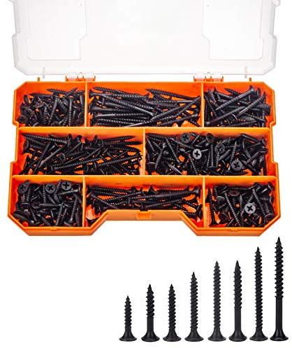 Maexxna 380pcs Drywall Screws Kit, 8 Sizes Wood Screws, Black Steel Drywall Screws Phillips Bugle Head and Black Phosphate Finish Self Tapping Screws Assortment for Wood Drywall Sheetrock