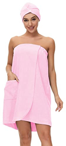Verve Jelly dam badhandduk handduk för spa dusch justerbar rock axelbandslös badhandduk mjuk mikrofiber badrockar vira in med hår turban, Rosa, XL