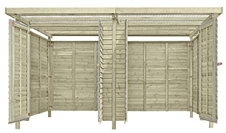 Belladoor Gerätehaus Riga | Gartenhaus | Wandstärke 9 mm | Kesseldruckimprägniert | BxTxH: 408 x 254 x 220 cm | Doppeltür | Inkl. PVC-Dachplatten + Zusatzraum