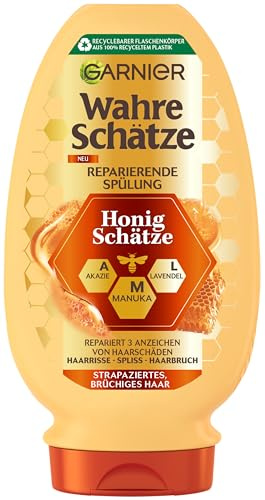 Garnier Wahre Schätze Reparierende Spülung Honig Schätze, kräftigt und nährt strapaziertes und brüchiges Haar, gegen Spliss, Conditioner, pflegende Formel, weniger Haarbruch, 1x200 ml