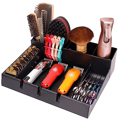 Stylist Tool Box Organizer,Clipper Professional Station Salon Clippers Portable Notches with Scissors Storage Case Organizer Tray Tools Hair for Barber Keeper Trimmer Holder Haircut Razor (Black)