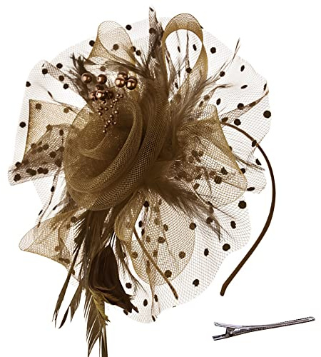 Fascinator-Hut für Damen, Teeparty, Netzstoff, Blumenfedern, Kentucky-Derby-Hüte mit Stirnband und Clip, für Mädchen und Frauen, 1 Stück, 17,8 cm Durchmesser, Braun, Einheitsgröße