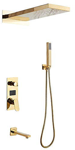 czyuRachel Wandmontage Regendusche, Duschsystem Mit Regen, Handbrause, Bodenbrause Euro-Stil Gold Thermostat Duscharmatur Duschpaneel Mit Led-Anzeige, 50x22x3cm