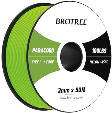 Brotree Paracord 2mm 50M 100% Nylonrep 1 Tråd Typ I Snöre för Utomhus, Hundhalsband, Armband, Camping - 45kg Brottlast (Neongrön)