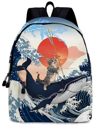 Funny Cat Whale School Backpack for Girls Boys, Cute Cat Riding Whale Backpack for School, Kids Whales Cats Print Bookbag, 16 Inch Animals Theme Laptop Back Pack for School Travel Hiking Camping