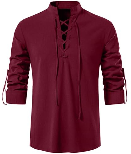 Rodawu Camisas de manga larga de algodón y lino para hombre, estilo medieval, con cordón, estilo Henley, camisetas vikingas, rosso, M
