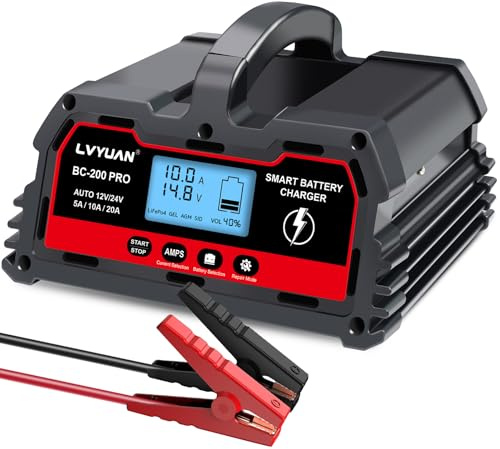 LVYUAN 12V/24V Car Battery Charger with Trickle Charger Automotive Smart Battery Charger, Smart Battery Maintainer, 10A/20A for Car Truck Motorcycle LiFePO4 Lithium and Lead Acid Batteries