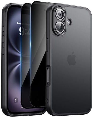 HeIssitot Matt Handyhülle für iPhone 16 Hülle und 2 Stück Sichtschutz Schutzfolie, [Kameraschutz] [Militärstandard] Durchscheinende PC Rückseite TPU Bumper Schutzhülle für iPhone 16, Schwarz