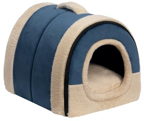Hollypet Cat Bed Small Dog Bed, 2-in-1 Foldable Pet Beds | for Cats and Small Dogs, Crystal Velvet Cat Cave Indoor Outdoor, Dark Blue